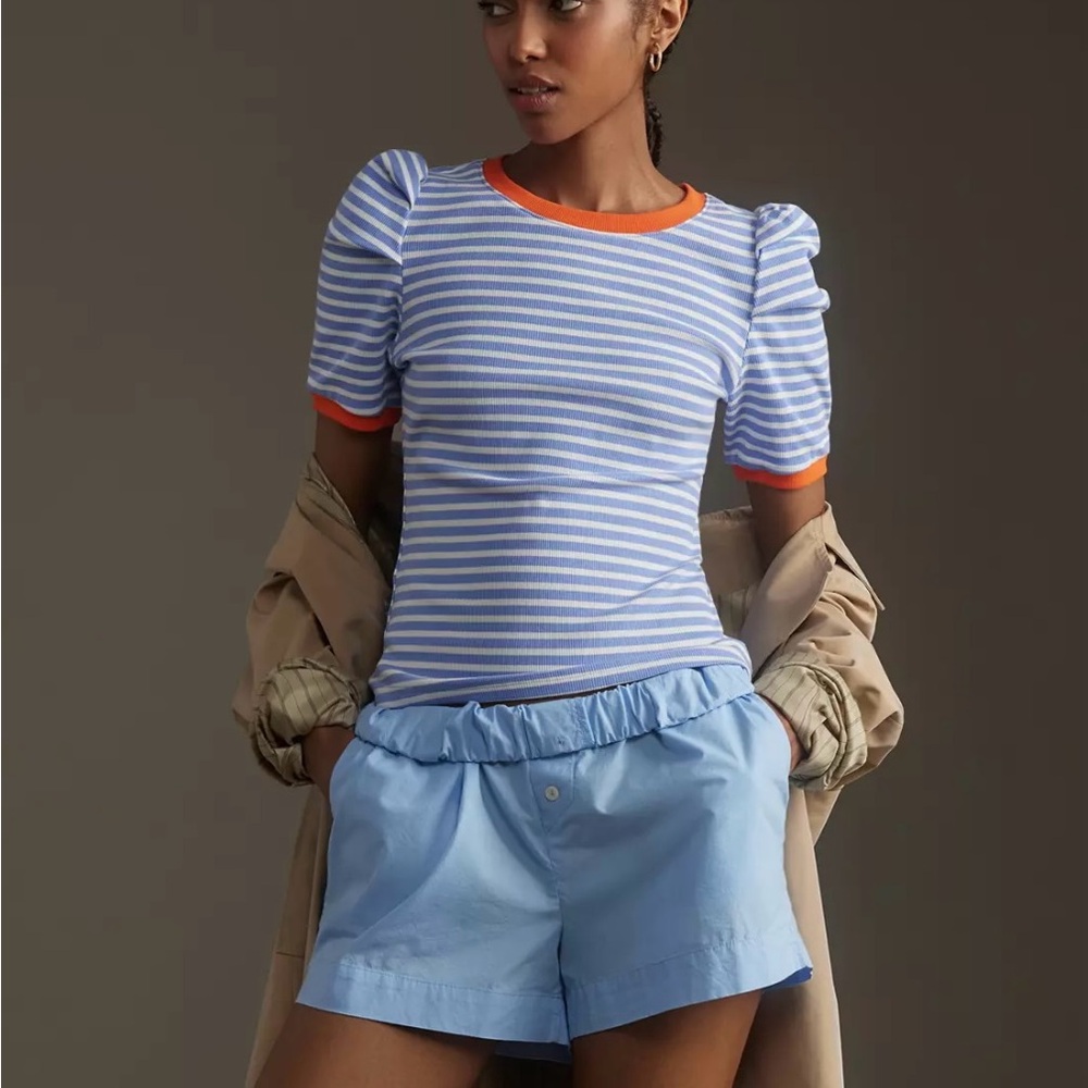 Maeve Lavendar and White Fitted Puff Sleeve Tee